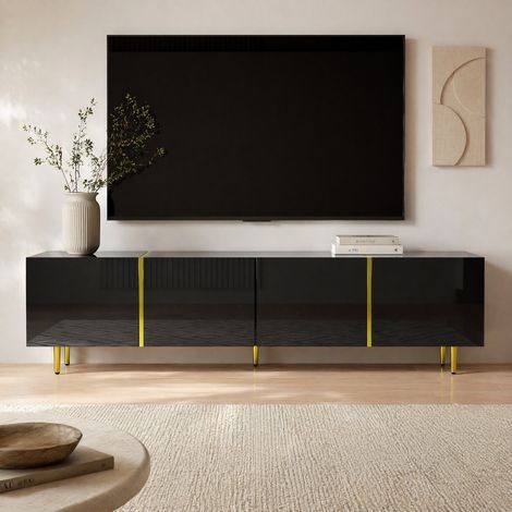 Mueble TV negro brillante 170 x 35 x 46 cm con 4 puertas, bisagras Soft-Close, MDF DESVIAE (1/5)