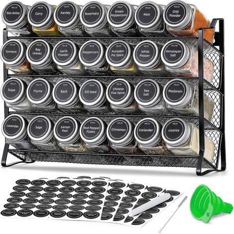 Étagère à épices debout et murale avec 28 pots à épices et 180 étiquettes à épices Organiseur pour cuisine, plan de travail, armoire, garde-manger (1/5)