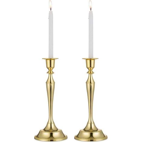 Set of 2 Single Head Candle Holders, Hourglass Shaped Metal Candlestick Holders, Fits All Standard Size Candlesticks (Gold, 2 x Large)