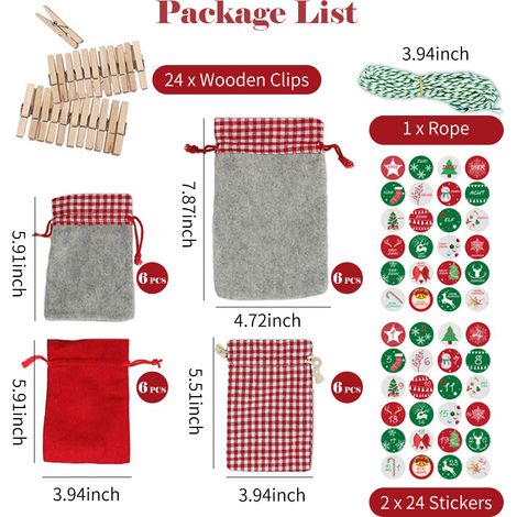 24PCS Calendrier de l'Avent Sacs 24 Jours Compte à rebours de Noël Sac de Bonbons en Toile de Jute avec Clips en Bois Autocollants Corde en Coton pour Décorations de Fête DIY.A (1/5)