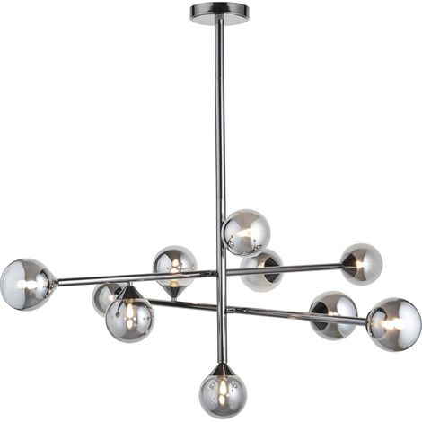 Merano Grosseto Plafonnier suspendu multi-bras, finition chromée noire et verre miroir fumé, 10 LED G9 de 5 W