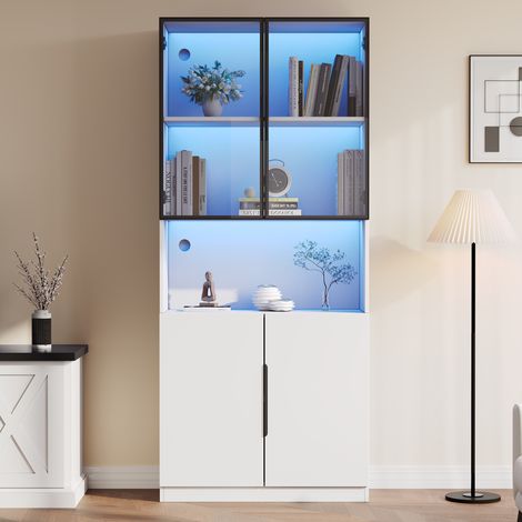 Vitrine LED 80x30x200cm - minimaliste moderne - avec portes vitrées, étagère de rangement - Blanc (1/5)