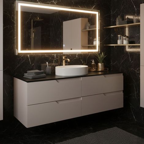 Meuble de salle de bain suspendu 120 cm, beige et noir, plan de toilette, 4 tiroirs, façades en MDF, sans vasque – MODERN (1/5)