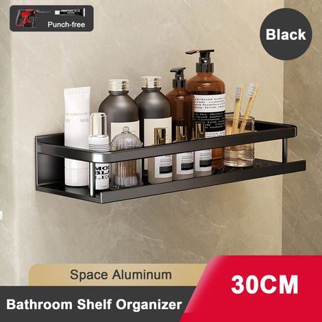 (30 cm Noir) Étagère de salle de bain sans perçage, en aluminium, à suspendre au mur. (1/5)