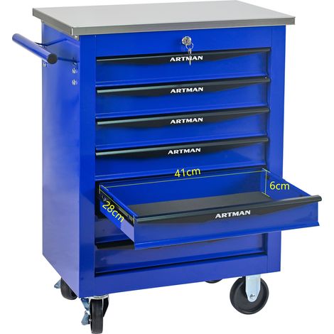 Chariot d'atelier multifonction à 7 tiroirs avec roulettes et plateau en acier inoxydable, noir et bleu, 62,5 x 34,5 x 78 cm (1/5)
