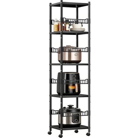 Étagère de Rangement en métal - Étagère de cuisine - FLASIDU - 5 étages - charge totale 200 kg - Tablettes réglables - roulettes pivotantes - Facile à assembler - 40x35x160cm - noir (1/5)