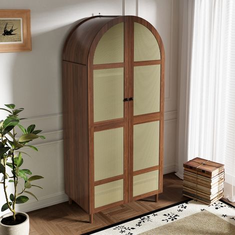 Armoire penderie dressing 80x50x180 cm, 2 portes arquées effet rotin, tringle et tiroir, rangement chambre ou entrée, structure en bois, noyer (1/5)