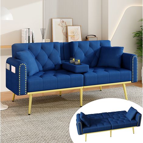 Divano letto 175x80x73,5 cm blu in velluto con schienale regolabile e portabicchieri (1/5)