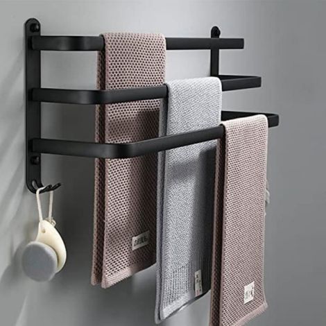 Porte-Serviettes - Aluminium - Noir - 50x24x14 4 cm - 3 Barres - Salle De Bain Cuisine Salon De Coiffure - 1 Pièce (1/4)