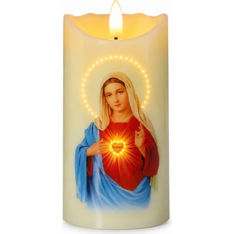 Vela LED Religiosa Virgen María con Halo y Corazón Iluminados, Luz Cálida 15 cm (1/4)
