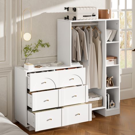 Armoire ouverte 139x35x133 cm en panneaux de bois blanc, avec rangement pour chambre FloraGrace (1/5)