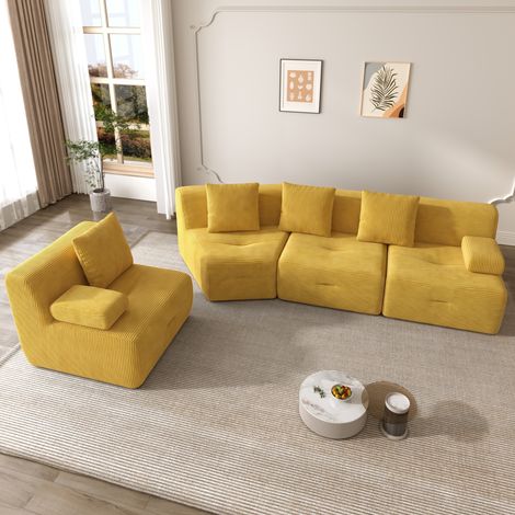 Sofá modular de 4 plazas (311x90x65 cm), 4 módulos independientes, sin montaje, tejido de pana amarillo brillante (1/5)