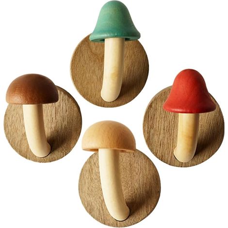 4 crochets muraux adhésifs en bois en forme de champignon (1/5)