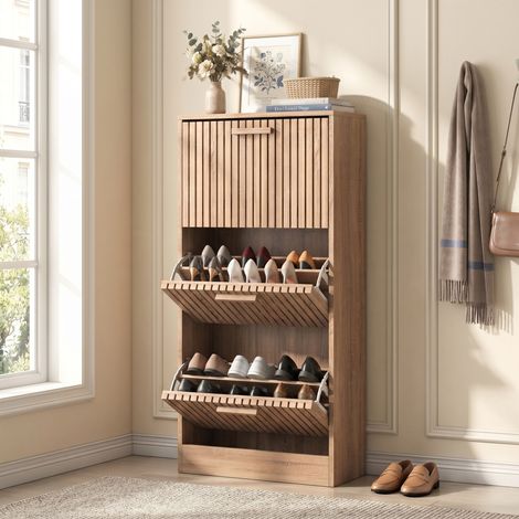 Meuble à chaussures bois étroit 60x24x113 cm, armoire d'entrée avec portes abattantes respirantes et anti-basculement, style naturel, Couleur Chêne (1/5)