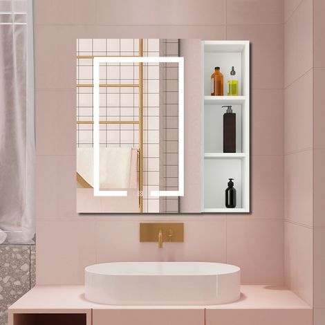 Aica Armoire avec miroir LED de Salle de Bain Murale, avec Prise Rasoir, 70x40cm, Anti-Buée + Tricolore, avec armoire latérale, Blanc