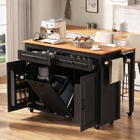 Îlot de cuisine mobile noir avec plan de travail extensible 120 (1/5)