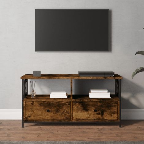 Meuble TV Banc TV Armoire de rangement chêne fumé 90x33x45 cm bois d'ingénierie et fer 97908 (1/5)