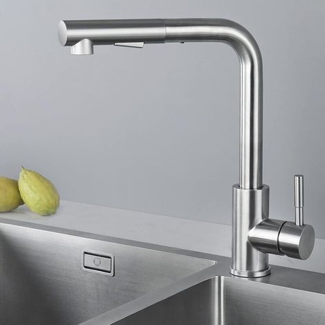[NIEMALS VERWENDET] Küchenarmatur mit schwarzer Brause, Küchenmischer mit ausziehbarer Brause, Küchenarmatur aus gebürstetem Edelstahl 304, 360° drehbarer Spültischmischer, 2-Strahl-Spültischarmatur (