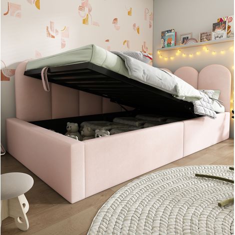Lit coffre 90x190 avec rangement, velours rose HAVRYA (1/5)