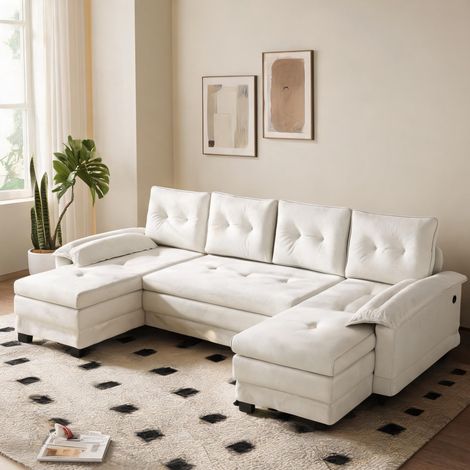 Canapé convertible en U 278 cm en chenille beige avec lit (1/5)