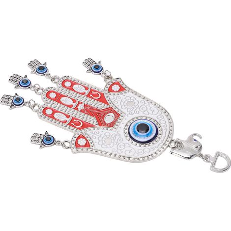 Décoration de voiture Hamsa aux yeux bleus avec une fine sculpture brillante, décoration murale main Hamsa rouge et bleue convenant aux voitures, aux bureaux et à la décoration intérieure. (1/5)
