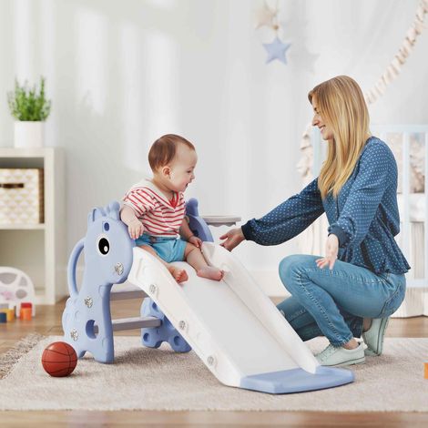 Toboggan 3-en-1 pour enfants - Forme girafe - Panier de basket - Ballon - Bleu - Robuste