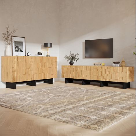 Set mobile TV e credenza 2 pezzi, legno naturale e nero, per TV fino a 75 pollici DESVIAE (1/5)