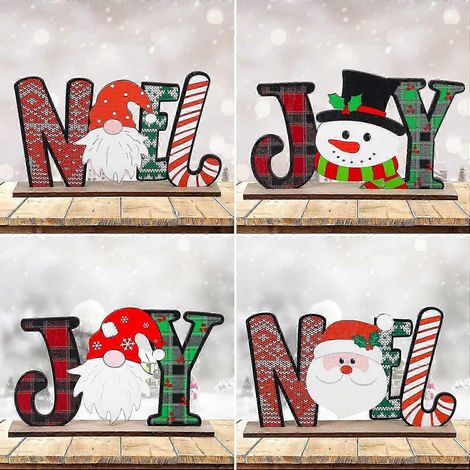 Décoration de Noël pour table (4 pièces) : lettres en bois, panneau de Noël, ornements en bois (taille S). (1/5)