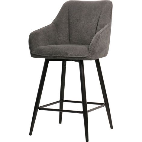 Tabouret de bar pivotant gris foncé – Siège en tissu confortable avec accoudoirs – Pieds en métal noir – Hauteur d'assise 66 cm