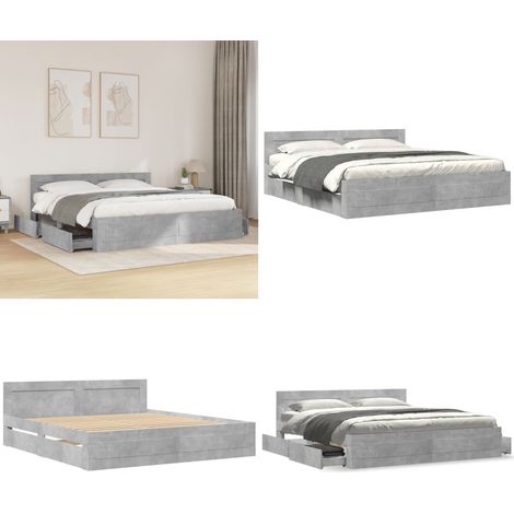Cadre de lit tête de lit sans matelas gris béton 200x200 cm - Sommier à lattes - Lit tête de lit (1/5)