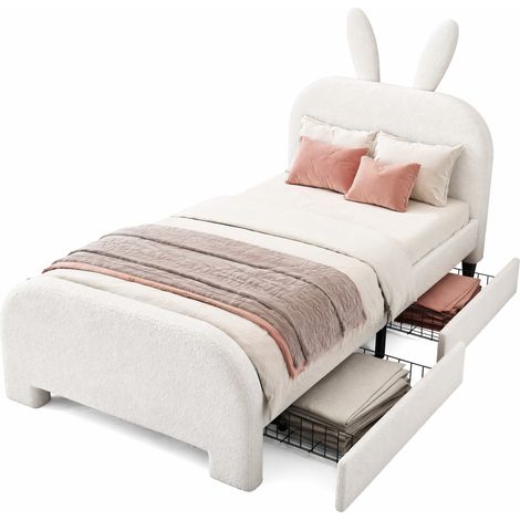 Letto con Cassetti 90×200 cm, Letto Singolo con 2 Cassetti e Testiera Imbottita, senza Materasso, Bianco (1/4)