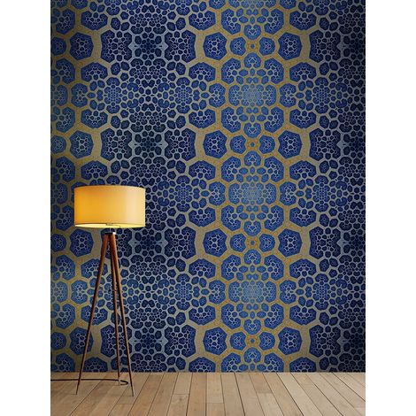 Papier peint panoramique bleu et beige | Tapisserie panoramique tendance pour chambre d'adulte | Papier peint panoramique original - 270 x 400 cm (4 pièces) (1/5)