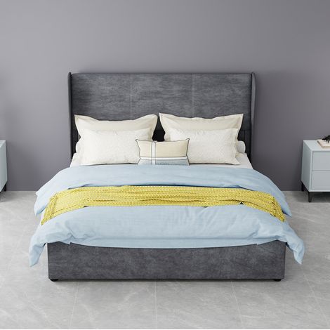 Cama con almacenaje 140 x 200 cm con cabecero tapizado, mecanismo de pistones, gris DESVIAE (1/5)