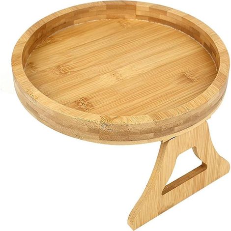 Plateau de rangement en bois à clipser sur l'accoudoir d'une table ou d'un canapé, idéal pour les collations et les appareils électroniques. (1/5)