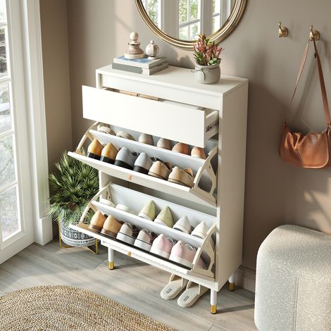 MODFU – Scarpiera stretta 65x24x104 cm in MDF e pannelli con 2 ante a ribalta, cassetto, piedini in metallo dorato, portata 60 kg e anti-ribaltamento – Bianco (1/5)