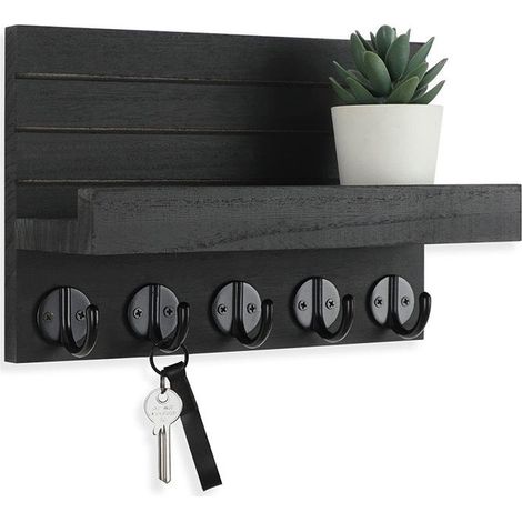 Door-keys wall-mounted decorative with shelf, equipped of large hooks for bags, manteaux and umbrella Support to keys in wood of paulownia with material of fastening included. (1/4)