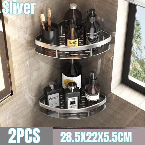(B-Argent-2PCS) Étagère de salle de bain/rangement de cuisine en alliage d'aluminium, étagère de douche, accessoires de salle de bain, étagère murale sans perçage (1/5)