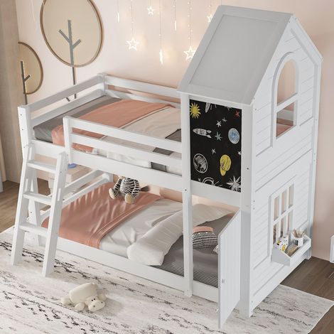 Lit superposé 90x200 cm avec petite porte, tableau, toit et fenêtres – échelle inclinée, pin+mdf+contreplaqué blanc (1/5)