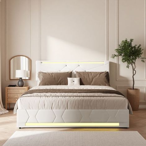 Lit coffre 140x190 cm - TANANT - Beige - LED intégrée - Tête de lit réglable - 2 places (1/5)