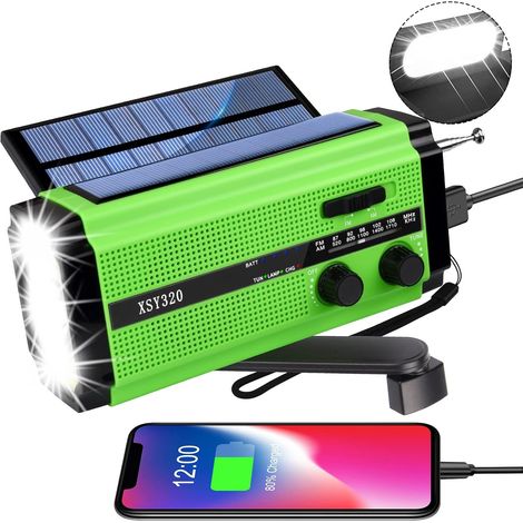 Radio Solar Portátil, Radio Am/FM con Manivela y Batería Recargable 5000mAh, Linterna LED, Luz de Lectura y Alarma SOS para Camping y Exteriores (Verde) (1/3)