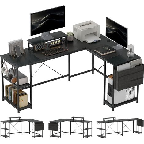 Bureau d'angle modulable réversible 168-240 cm style industriel - étagère réglable, sac de rangement, support d'écran