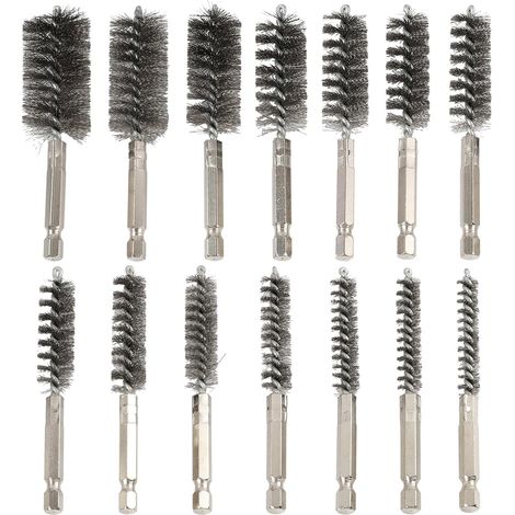 Lot De 14 Brosses Métalliques Cylindriques en Acier Inoxydable, Brosse Visseuse,avec Tige Hexagonale,pour Détartrage, Anti-rouille, Polissage Tuyaux, Chaudières Et Espaces Restreints (1/5)
