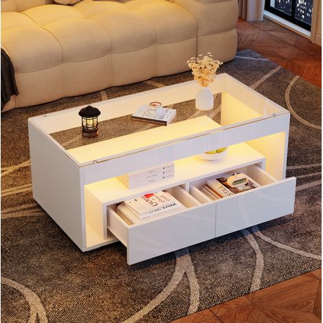 Tavolino da caffè in truciolare bianco con piano in vetro temperato 100 cm, LED, 2 cassetti (1/5)