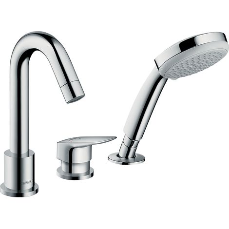 Hansgrohe – Mitigeur de baignoire 3 trous – Finition chromée – Bec de bain avec jet airpower – Douchette 10 cm avec jet rain – Installation sur bord de baignoire