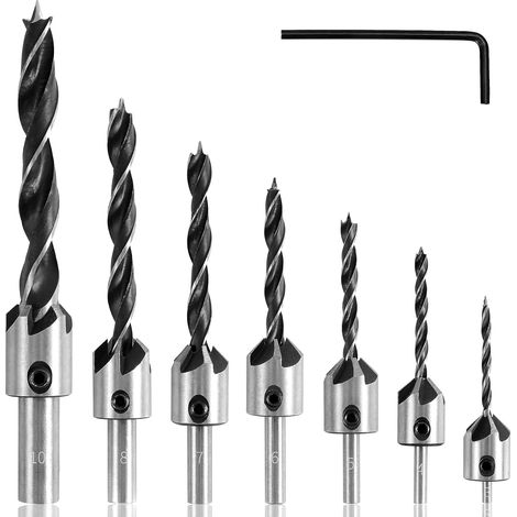Juego de 7 brocas para trabajar la madera, que incluye una broca avellanadora cónica, un escariador espiral para madera y una broca avellanadora. (1/4)