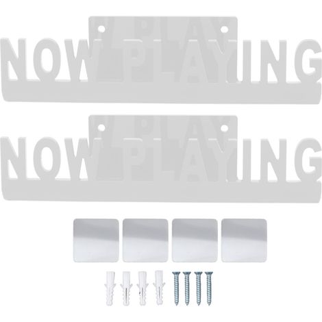 Set aus 2 wandmontierten Schallplattenständern mit der Aufschrift „Now Playing“ aus weißem Acrylglas und schwebenden Ablagen zur Präsentation von Albumcovern. Innendekoration. (1/5)