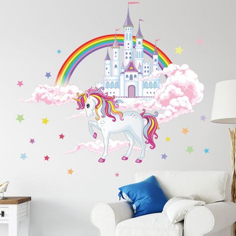 Un set di adesivi murali con castelli arcobaleno su nuvole, decorazioni murali moderne per soggiorni, camere da letto, case e uffici. (1/5)