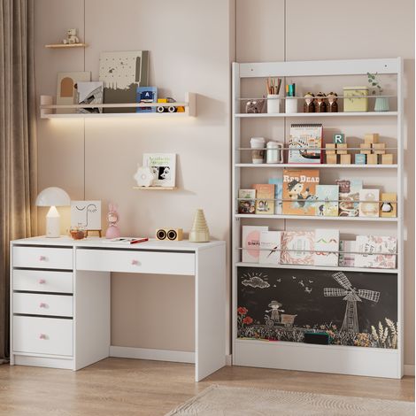 Scrivania con libreria, 120x45x74 cm, 2 in 1 per bambini e adulti, con vani portaoggetti multizona, in MDF bianco (1/5)