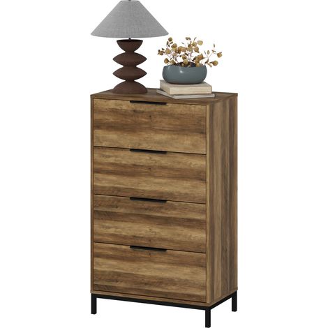 Commode haute 4 tiroirs, poignées métal, rangement étroit salon entrée, 62x35x105 cm, bois naturel (1/5)