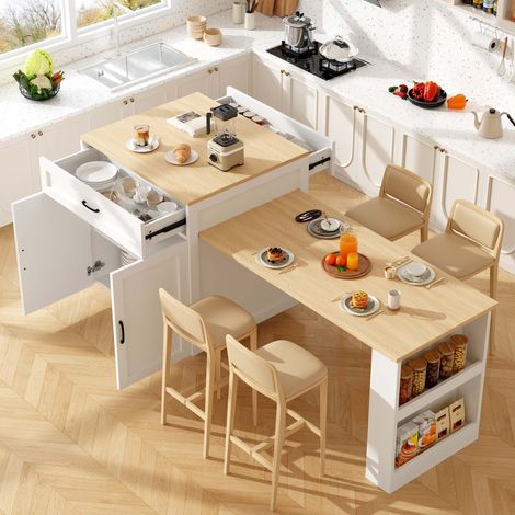 Table îlot extensible blanc 133-202 cm 2 tiroirs 2 casiers étagères latérales 2-6 personnes